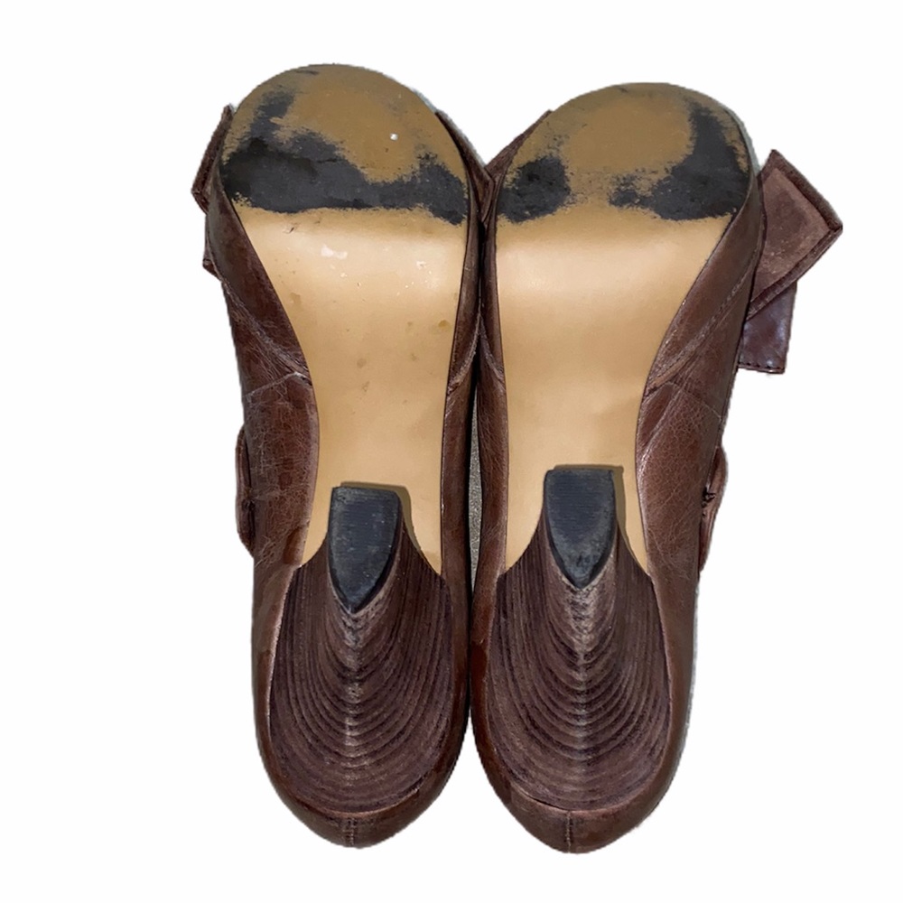 Miss Albright Brown Leather Bow Peep Toe Heels sz 7.5 - Picture 5 of 7